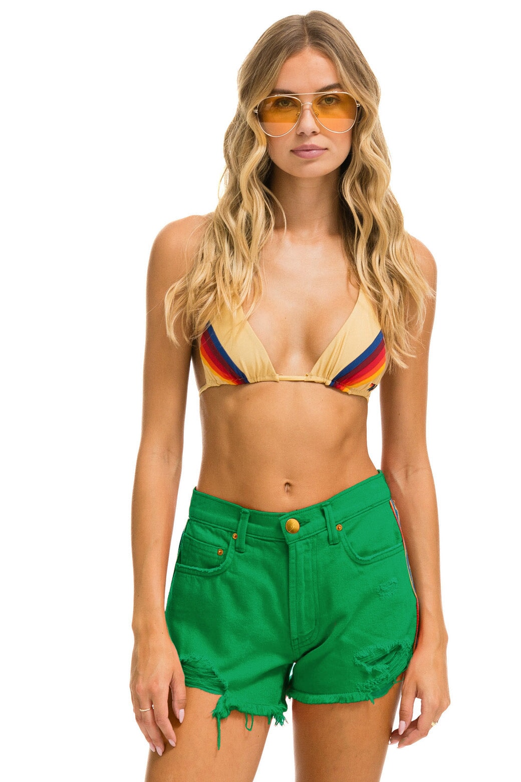 BOLT STRIPE BOYFRIEND CUTOFF JEAN SHORTS - KELLY GREEN - Image 3